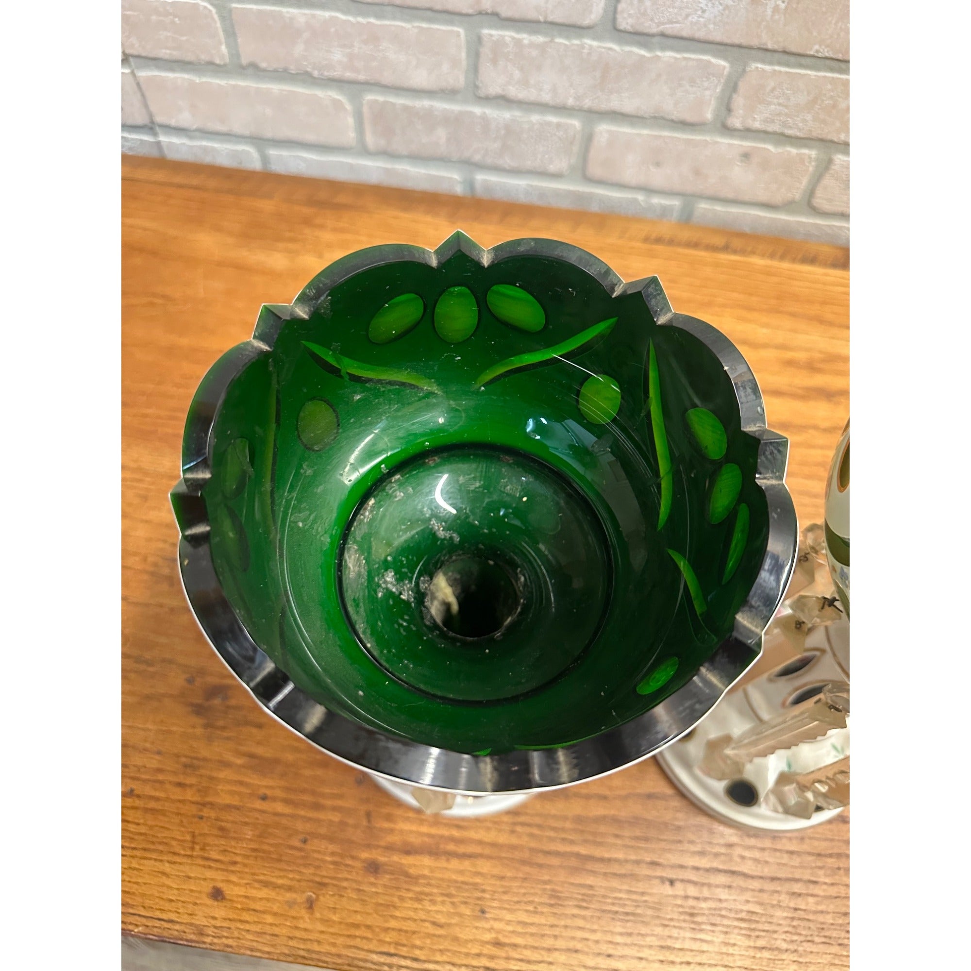 Victorian Era Pair of Czech/ Crystal, Bohemian Mantle Luster Lamps White & Green