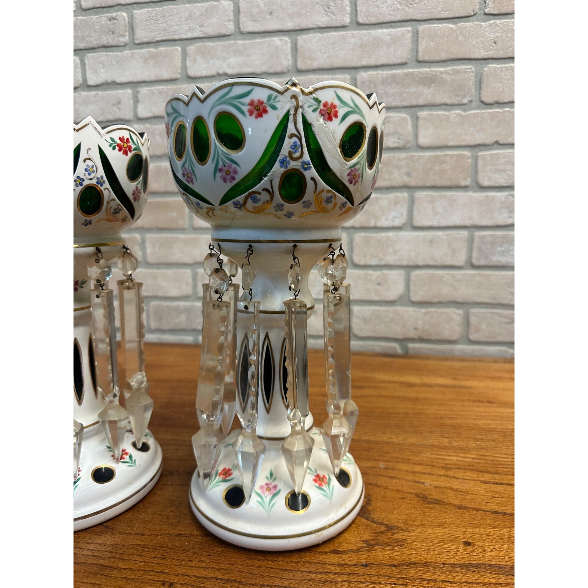 Victorian Era Pair of Czech/ Crystal, Bohemian Mantle Luster Lamps White & Green
