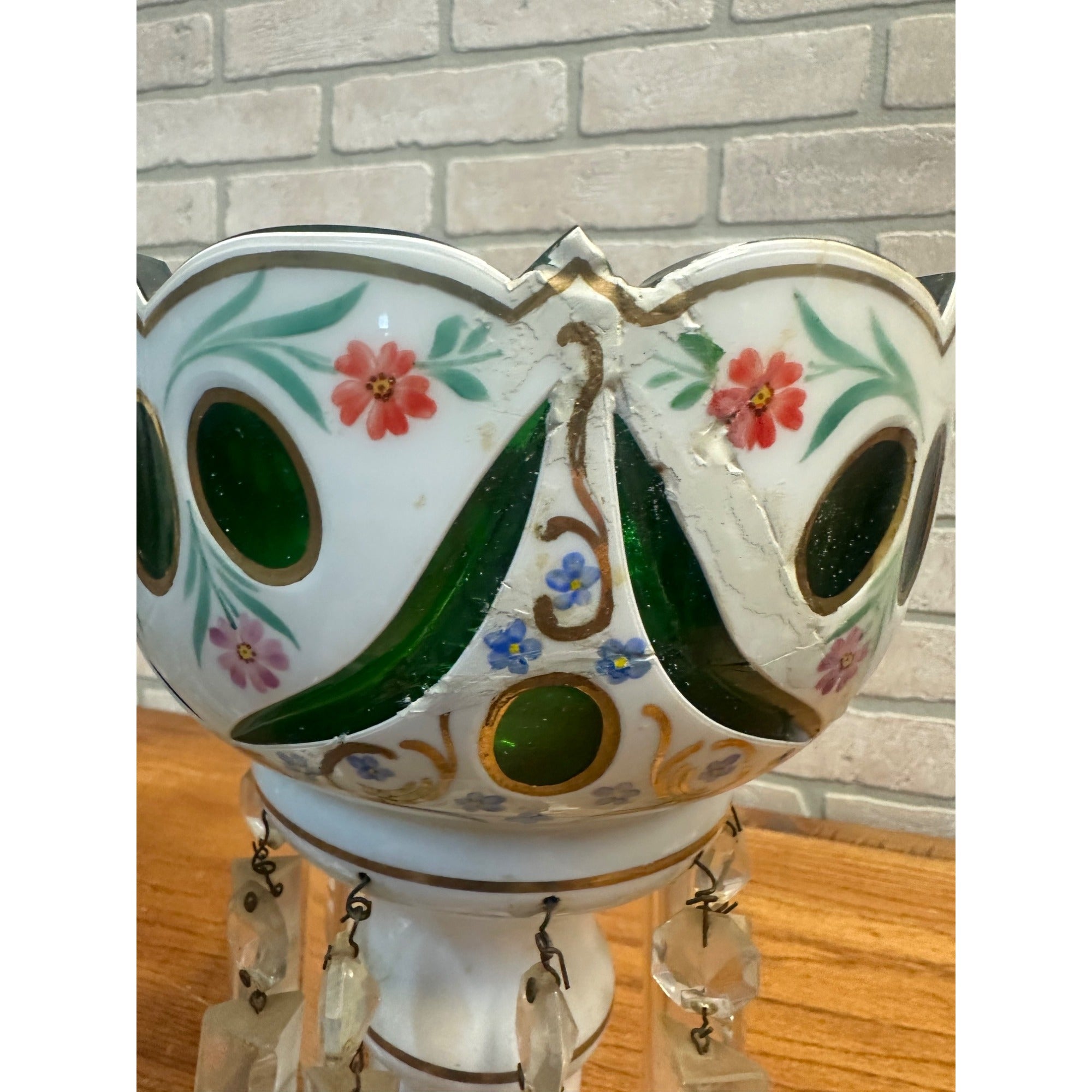 Victorian Era Pair of Czech/ Crystal, Bohemian Mantle Luster Lamps White & Green