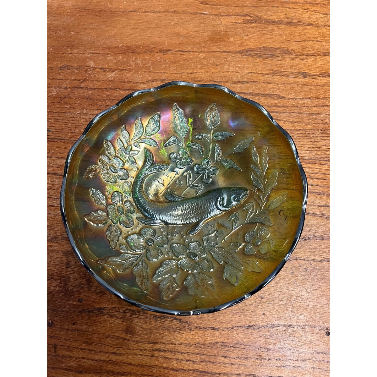 Millersburg Green Carnival Glass "Trout & Fly" Green Ruffle 8" Iridescent Bowl