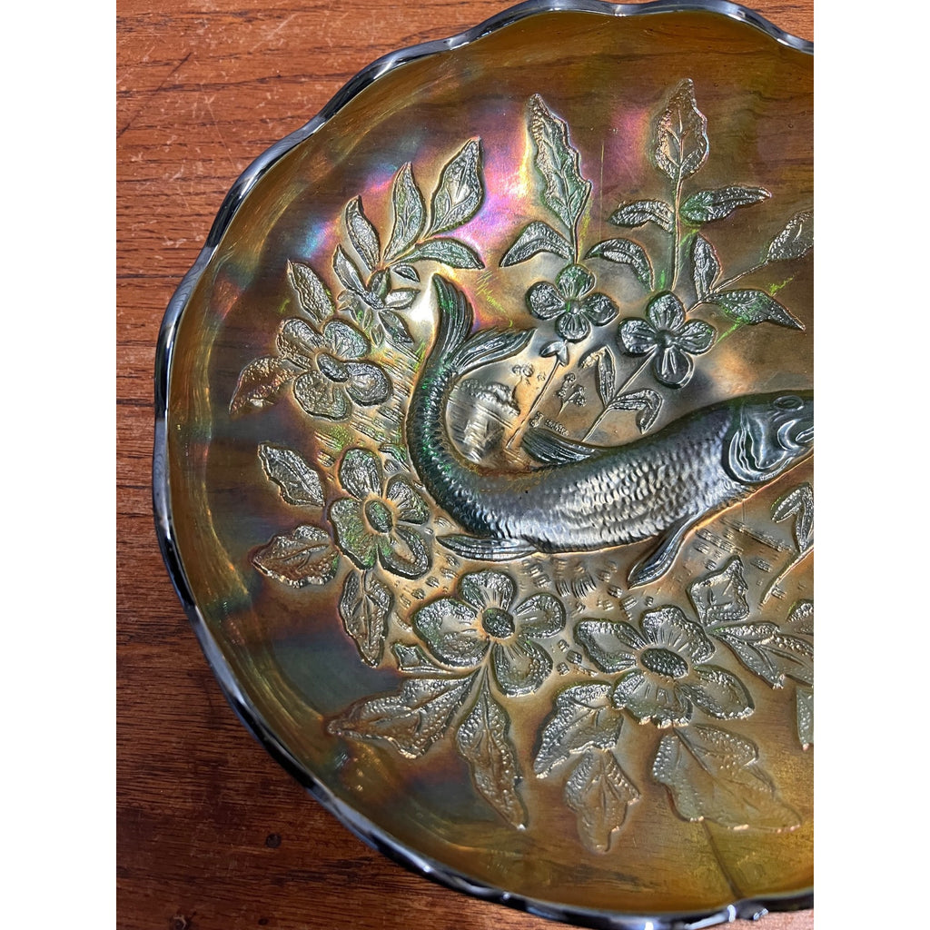 Millersburg Green Carnival Glass "Trout & Fly" Green Ruffle 8" Iridescent Bowl