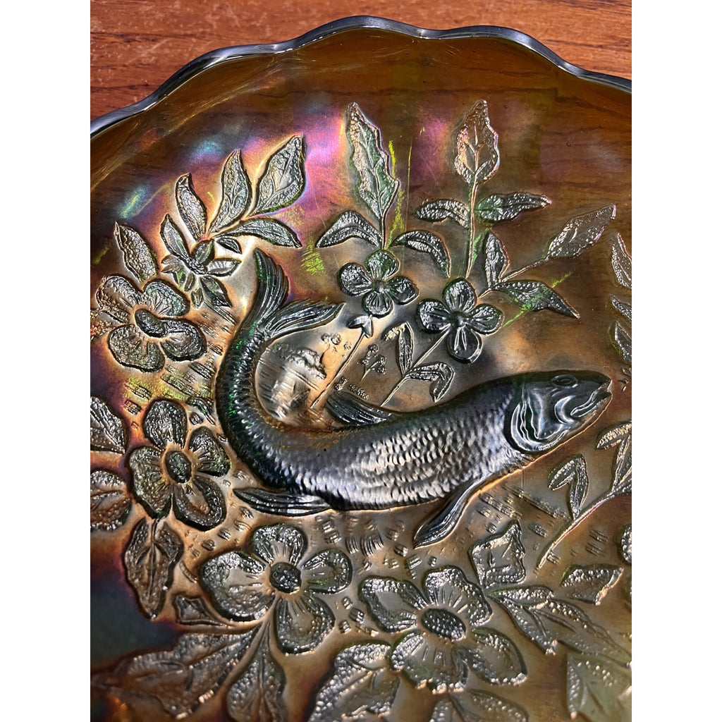 Millersburg Green Carnival Glass "Trout & Fly" Green Ruffle 8" Iridescent Bowl