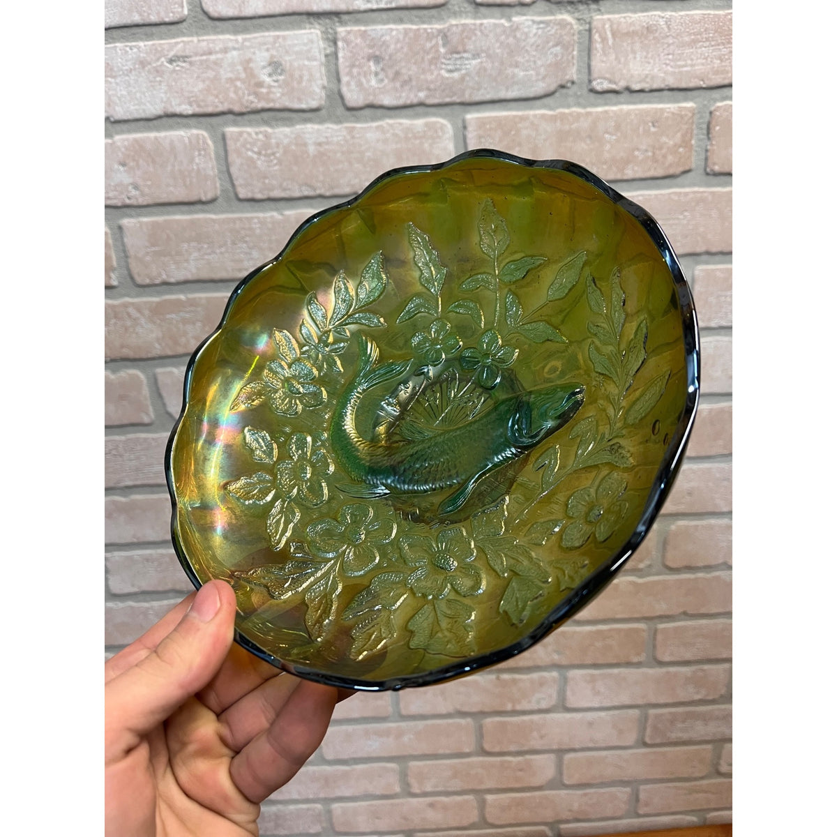 Millersburg Green Carnival Glass "Trout & Fly" Green Ruffle 8" Iridescent Bowl