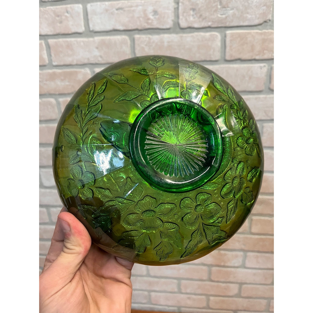 Millersburg Green Carnival Glass "Trout & Fly" Green Ruffle 8" Iridescent Bowl