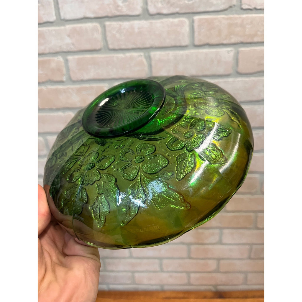 Millersburg Green Carnival Glass "Trout & Fly" Green Ruffle 8" Iridescent Bowl