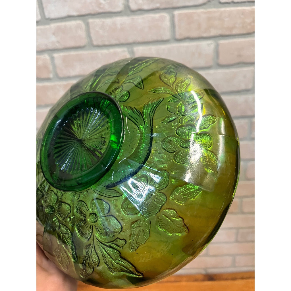 Millersburg Green Carnival Glass "Trout & Fly" Green Ruffle 8" Iridescent Bowl