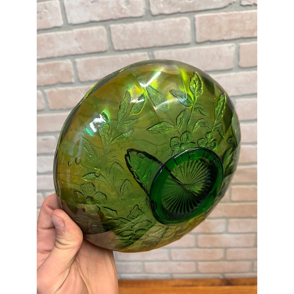 Millersburg Green Carnival Glass "Trout & Fly" Green Ruffle 8" Iridescent Bowl