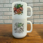 Vintage (2) Glasbake Milk Glass Vegetable Harvest Pattern Stackable Mugs