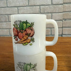 Vintage (2) Glasbake Milk Glass Vegetable Harvest Pattern Stackable Mugs