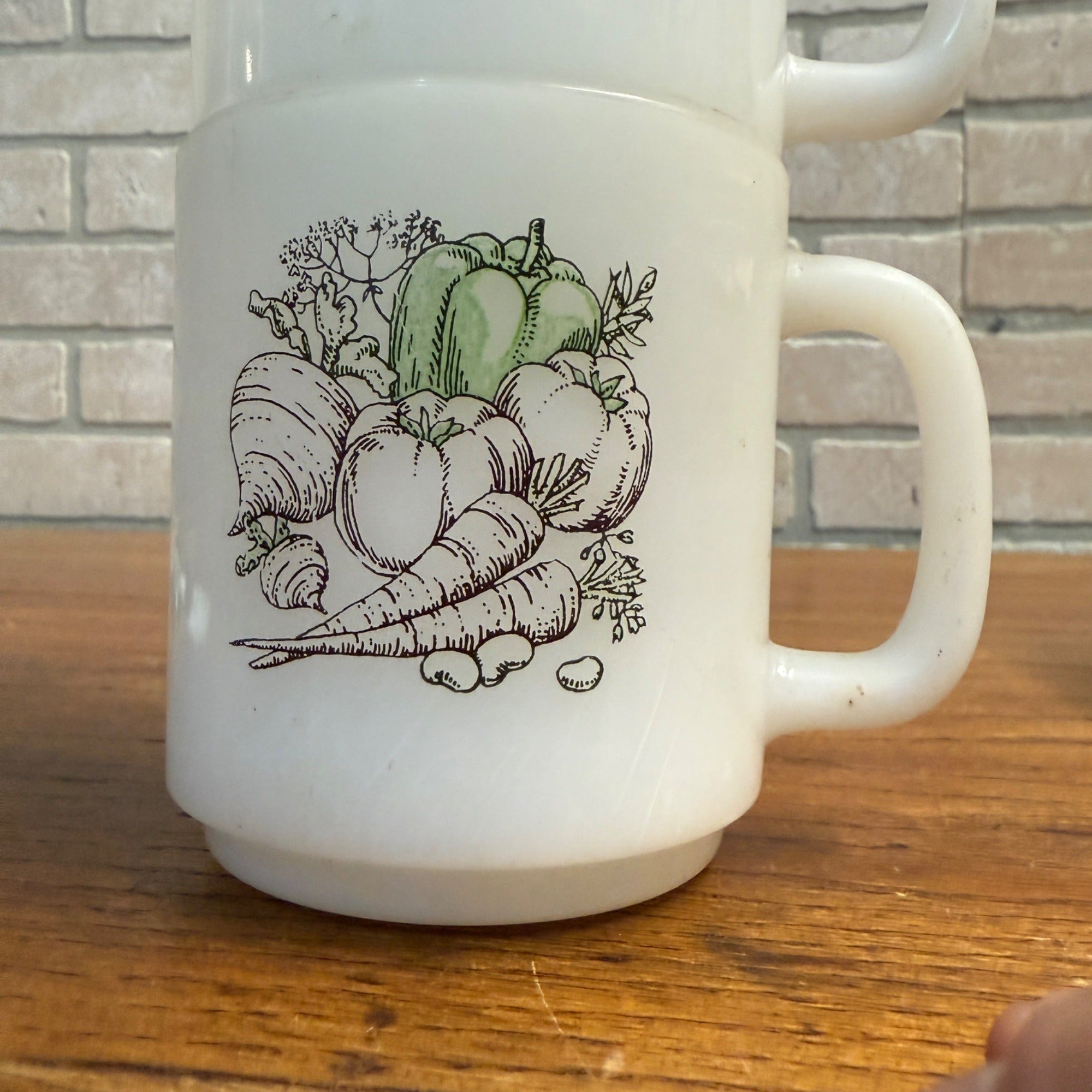 Vintage (2) Glasbake Milk Glass Vegetable Harvest Pattern Stackable Mugs