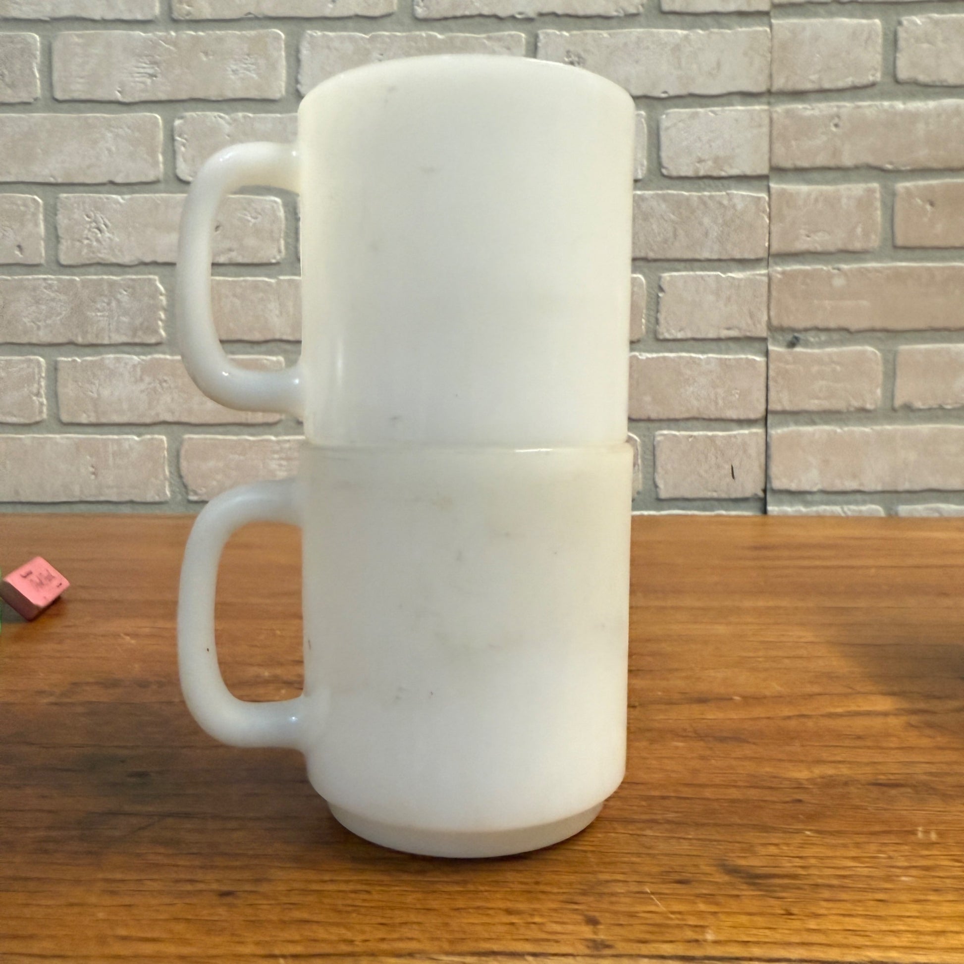 Vintage (2) Glasbake Milk Glass Vegetable Harvest Pattern Stackable Mugs