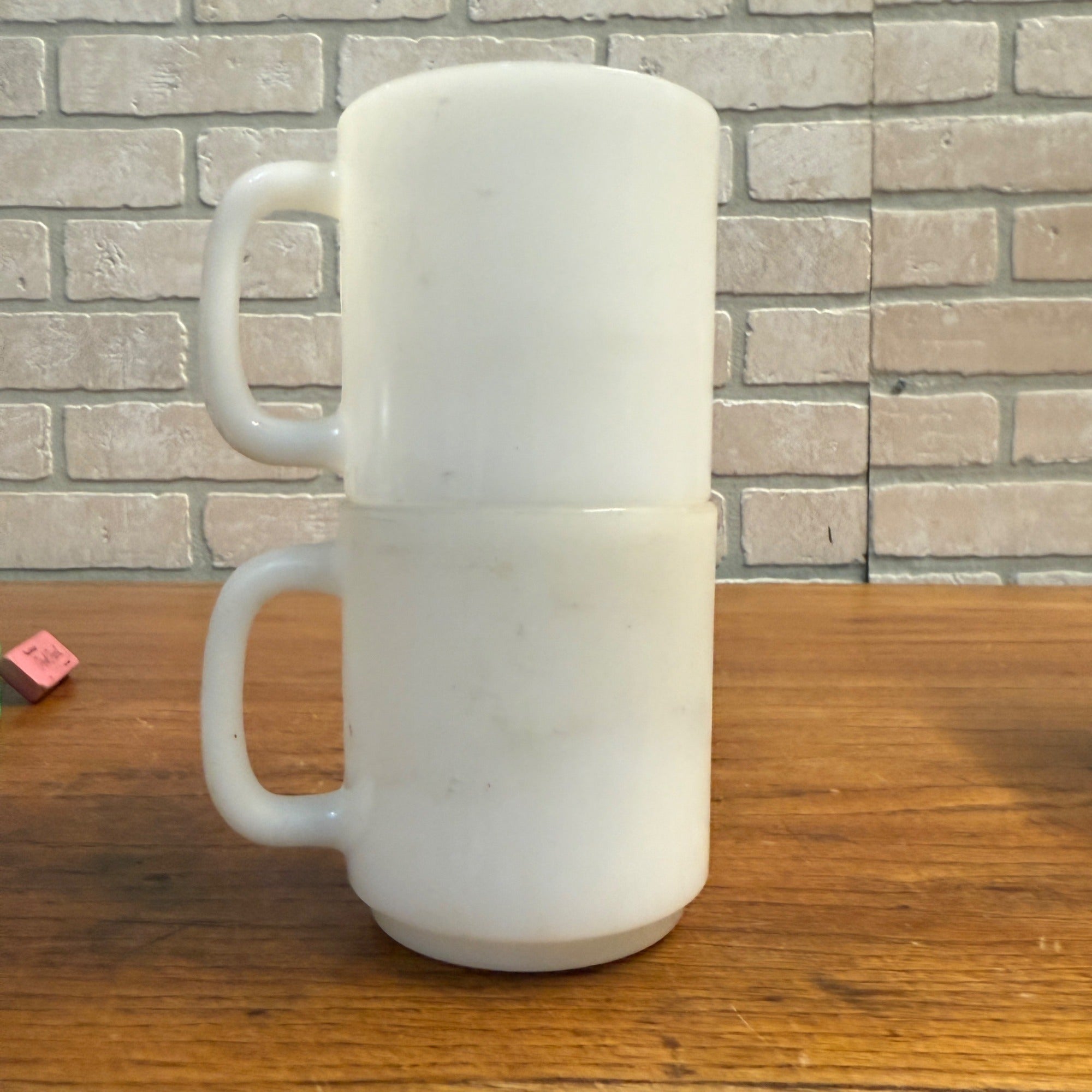 Vintage (2) Glasbake Milk Glass Vegetable Harvest Pattern Stackable Mugs