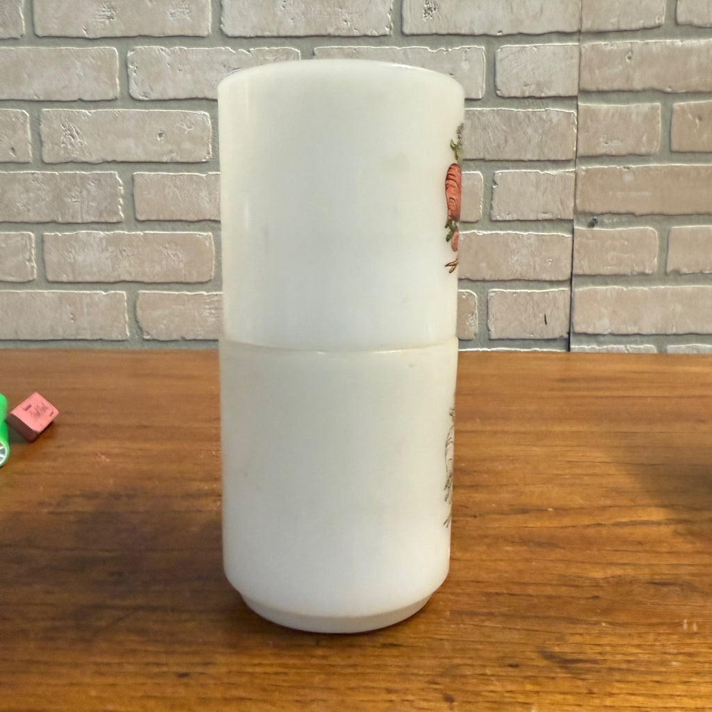 Vintage (2) Glasbake Milk Glass Vegetable Harvest Pattern Stackable Mugs