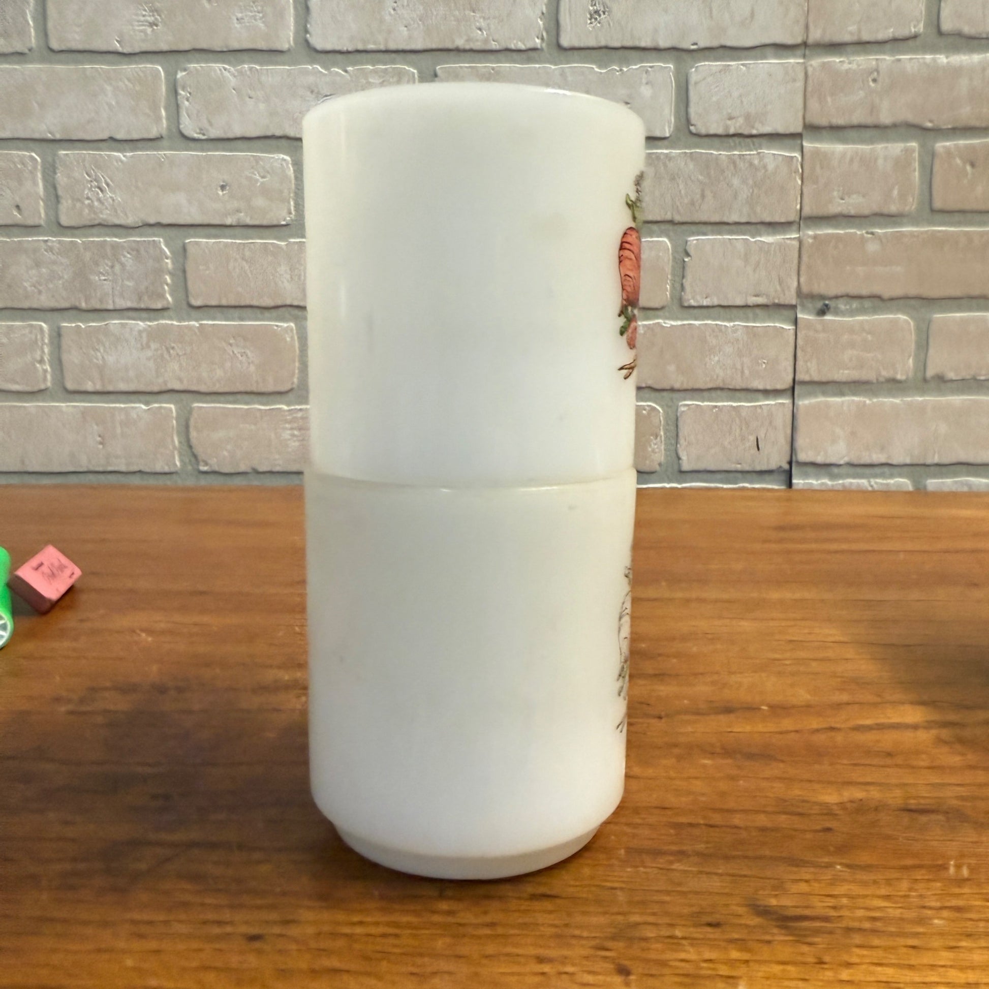 Vintage (2) Glasbake Milk Glass Vegetable Harvest Pattern Stackable Mugs