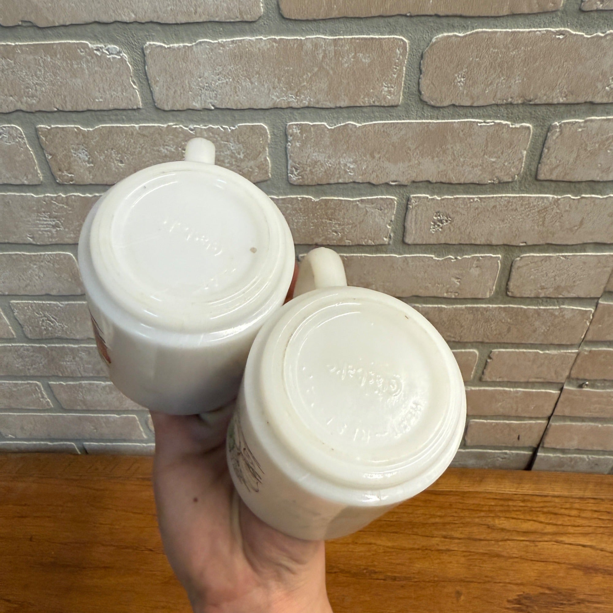 Vintage (2) Glasbake Milk Glass Vegetable Harvest Pattern Stackable Mugs