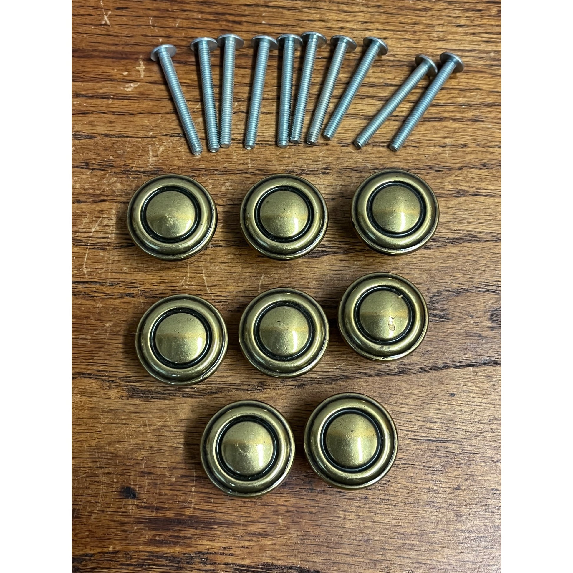 Vintage Solid Brass Drawer Knob Pulls Lot (8) w/ Hardware 1-1/8" Diameter