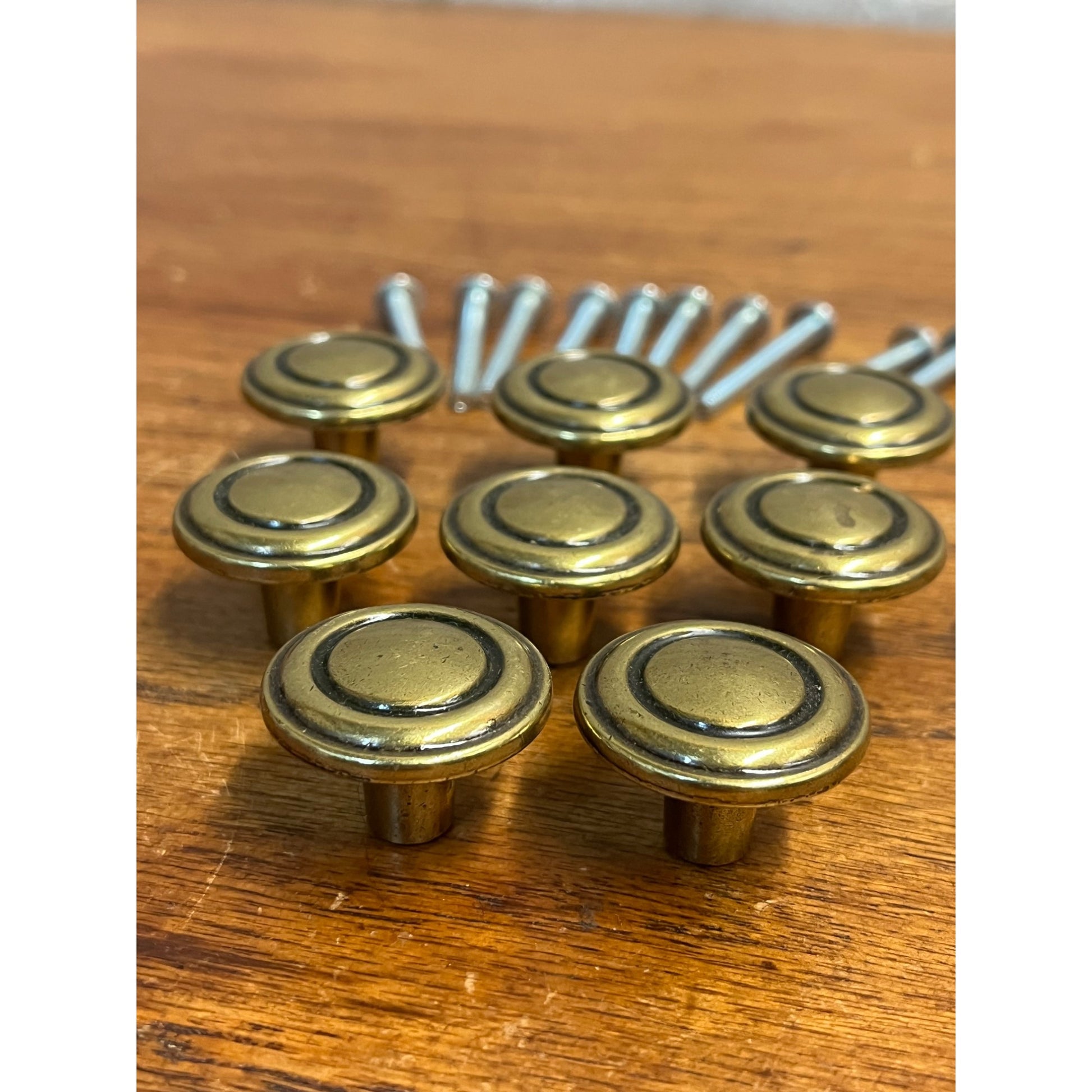 Vintage Solid Brass Drawer Knob Pulls Lot (8) w/ Hardware 1-1/8" Diameter