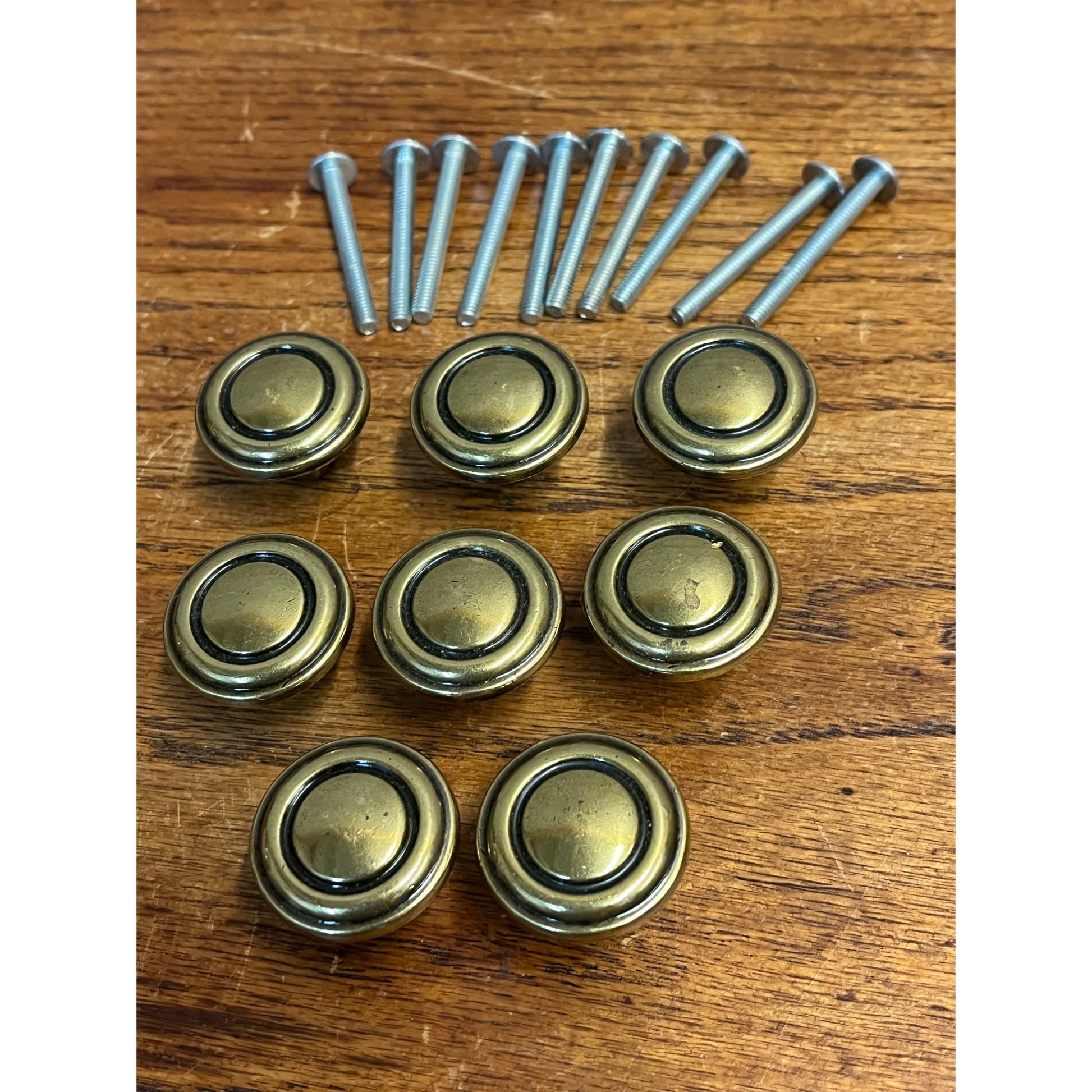 Vintage Solid Brass Drawer Knob Pulls Lot (8) w/ Hardware 1-1/8" Diameter
