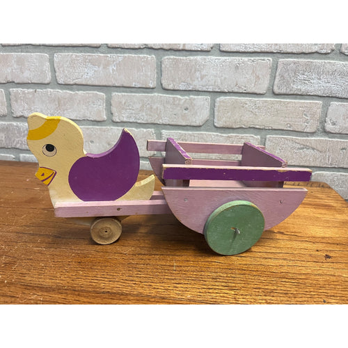 Vintage 1940s Wooden Easter Baby Chick Candy Container Pull Cart Toy Purple