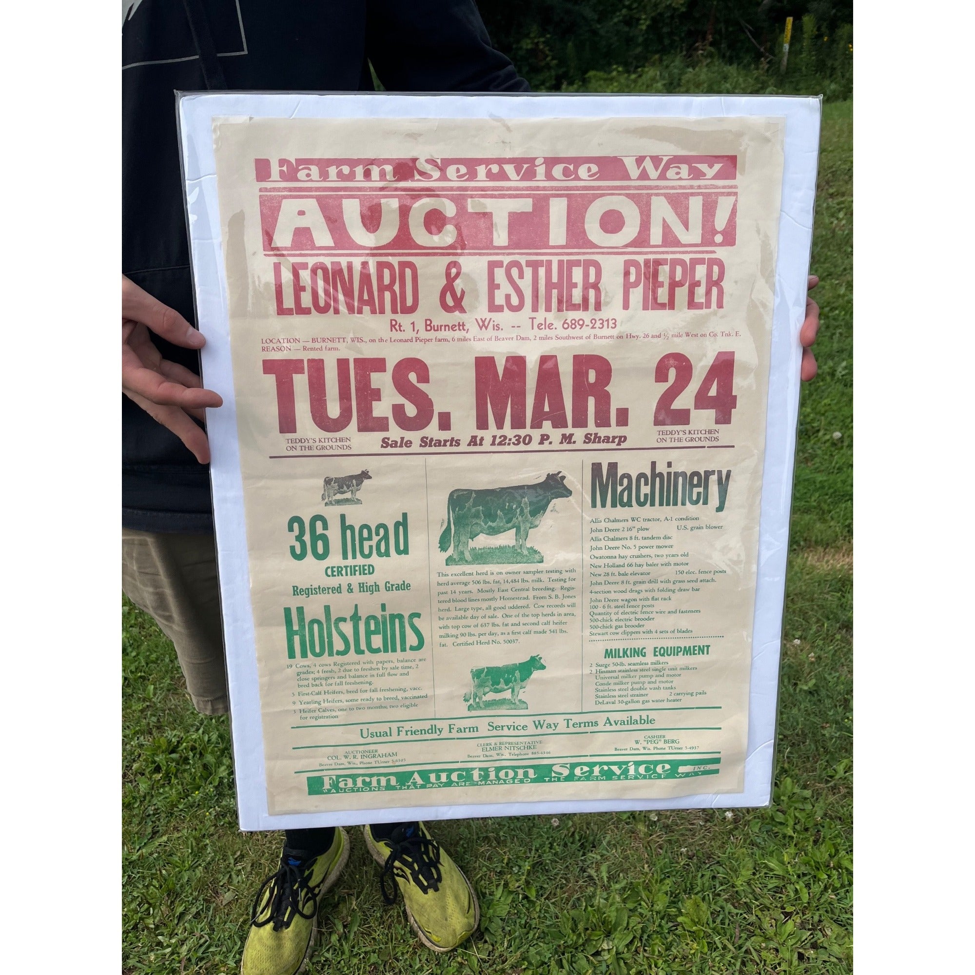 Vintage Wisconsin Farm Livestock Cow Auction Poster Sign Burnett Wis
