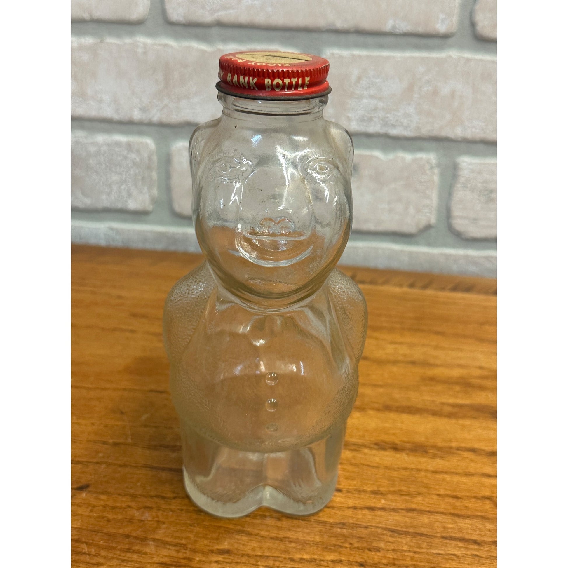 Vintage Piggy Bank Glass Syrup Bottle w/ Cap Teddy Bear 7"