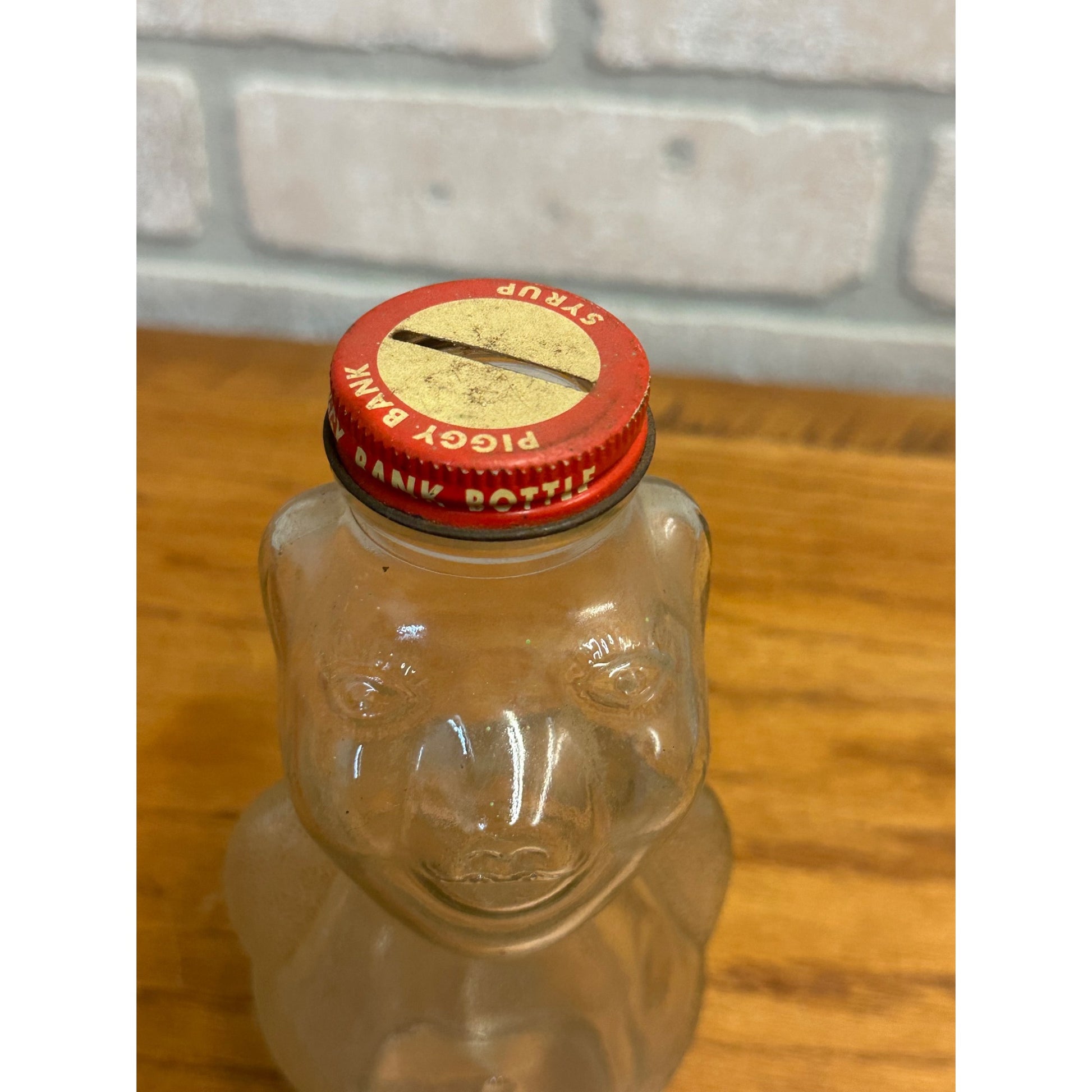 Vintage Piggy Bank Glass Syrup Bottle w/ Cap Teddy Bear 7"