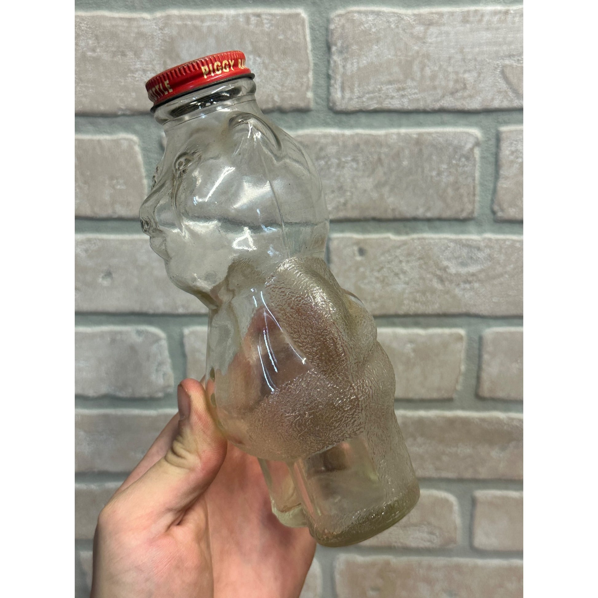 Vintage Piggy Bank Glass Syrup Bottle w/ Cap Teddy Bear 7"