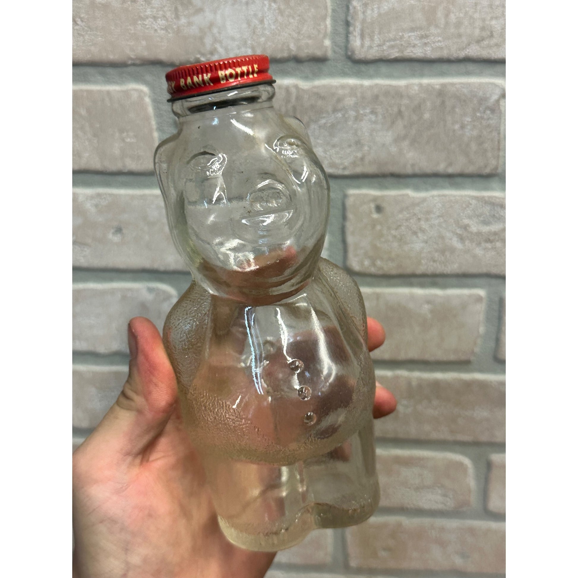 Vintage Piggy Bank Glass Syrup Bottle w/ Cap Teddy Bear 7"