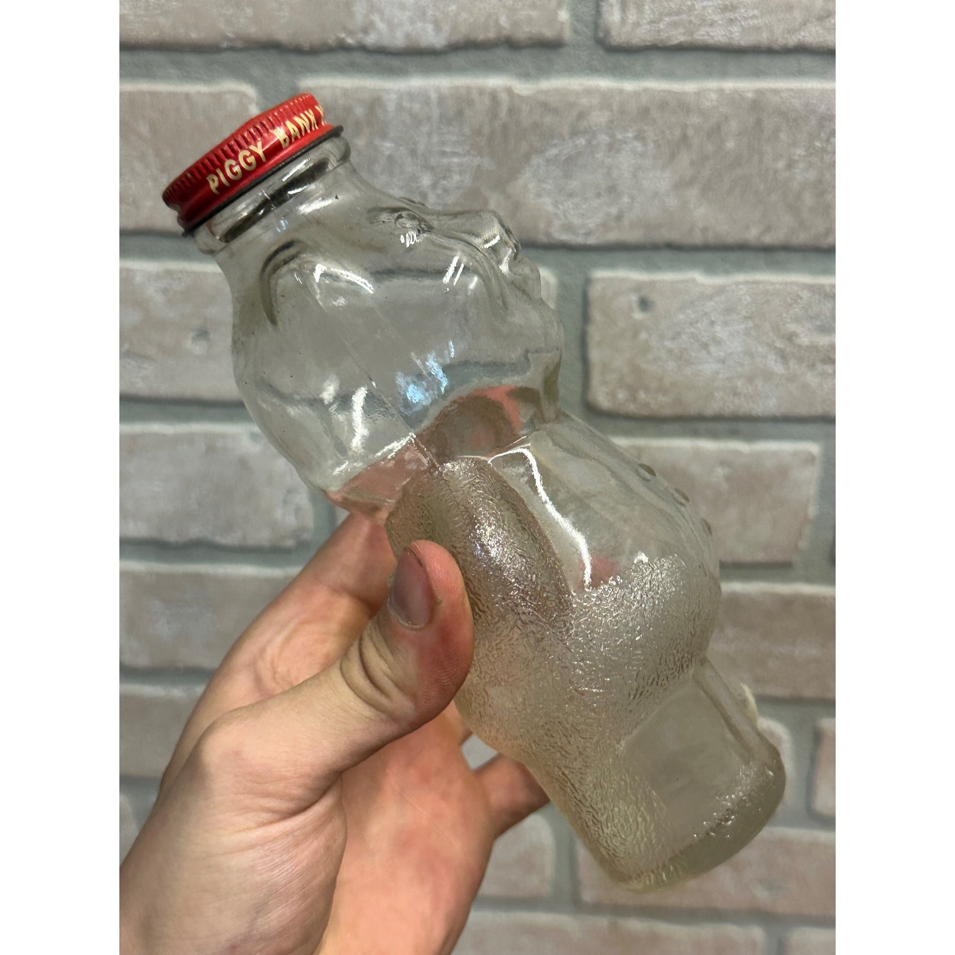 Vintage Piggy Bank Glass Syrup Bottle w/ Cap Teddy Bear 7"