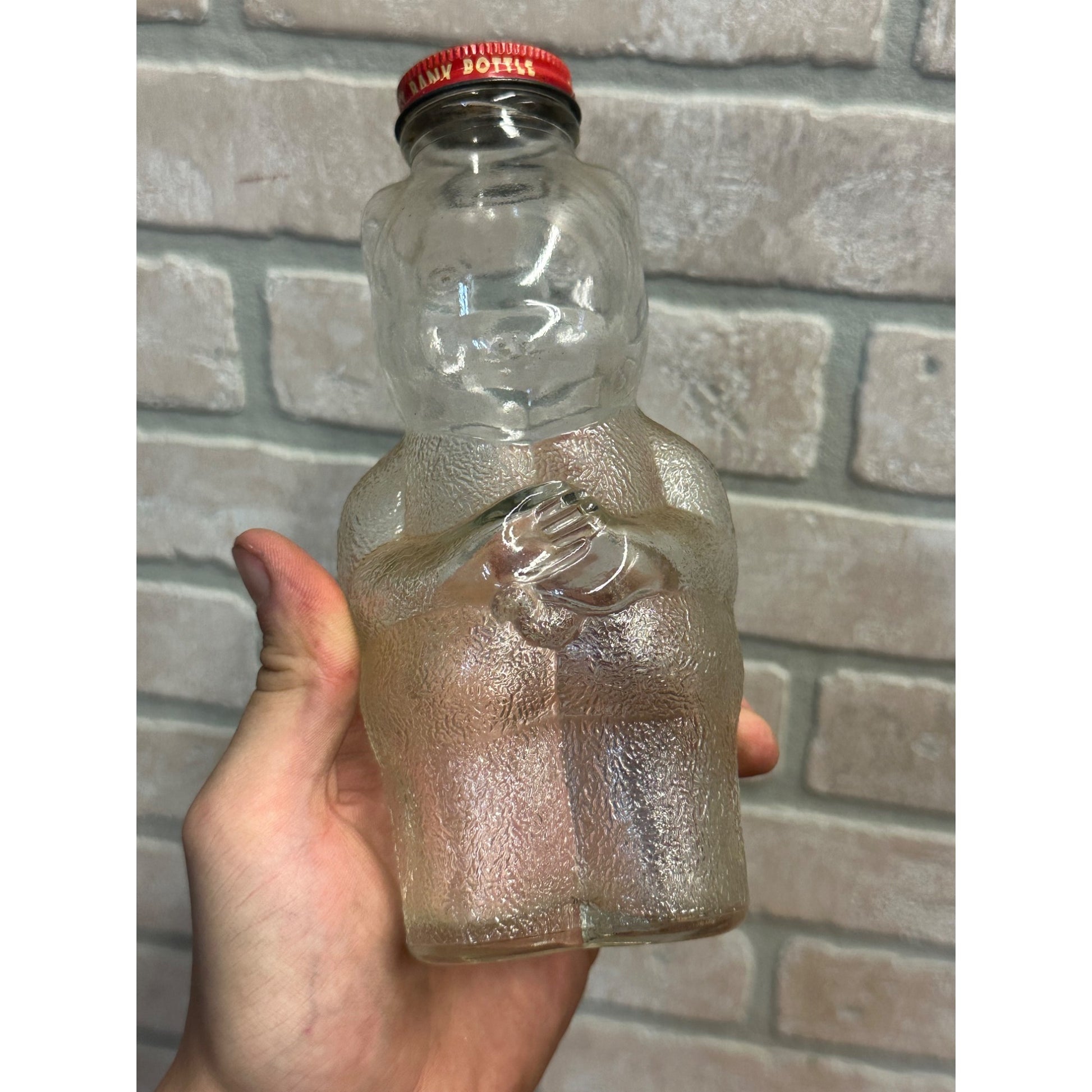 Vintage Piggy Bank Glass Syrup Bottle w/ Cap Teddy Bear 7"