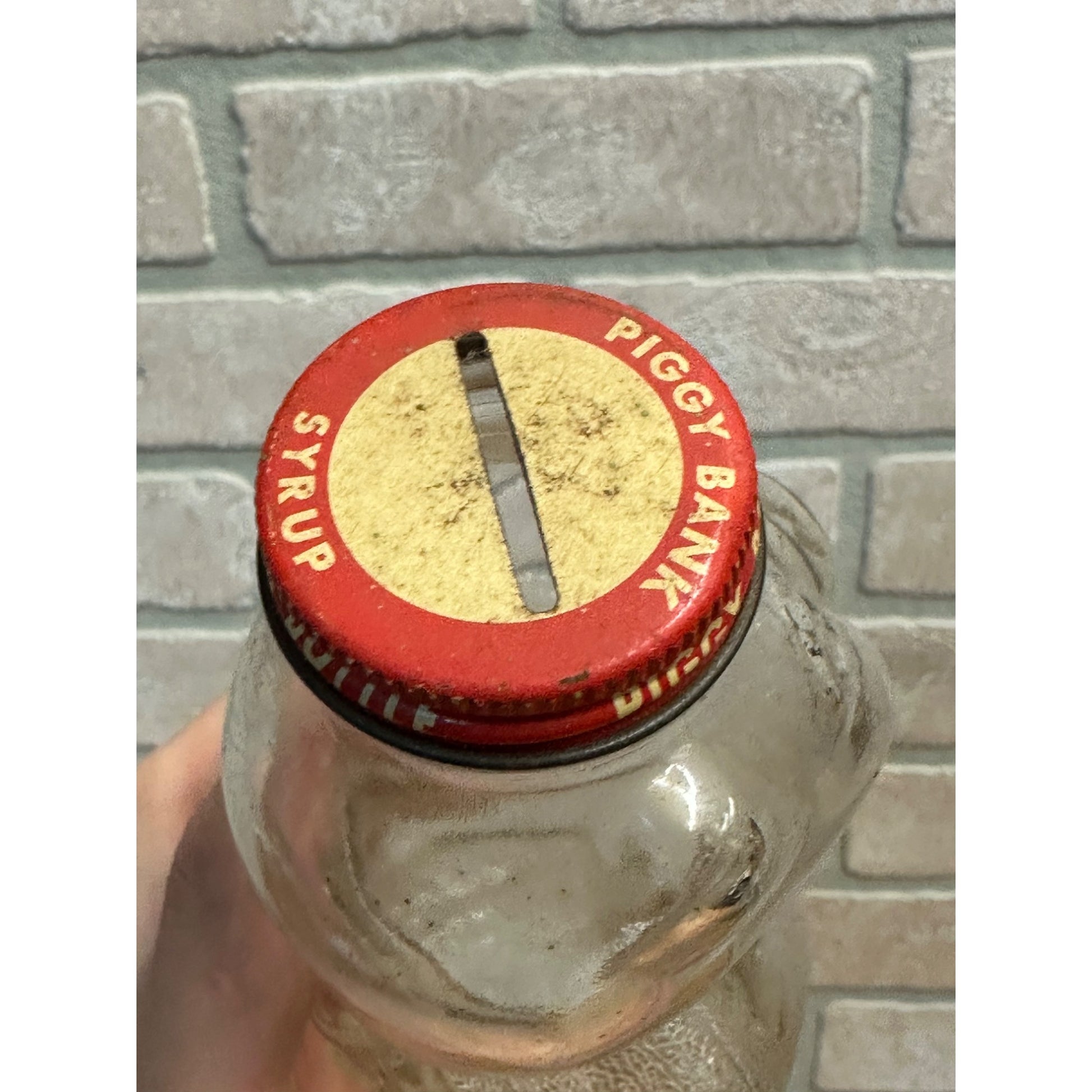 Vintage Piggy Bank Glass Syrup Bottle w/ Cap Teddy Bear 7"