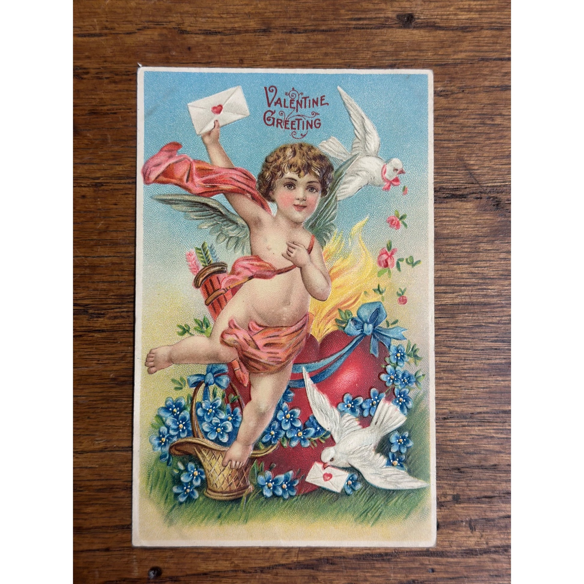 Valentine's Day Postcard Victorian Cupid Dove Heart Valentine German Embossed BW 309