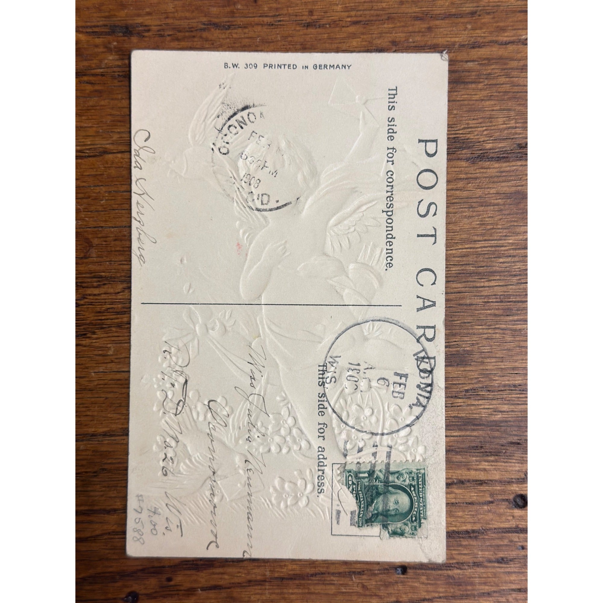 Valentine's Day Postcard Victorian Cupid Dove Heart Valentine German Embossed BW 309