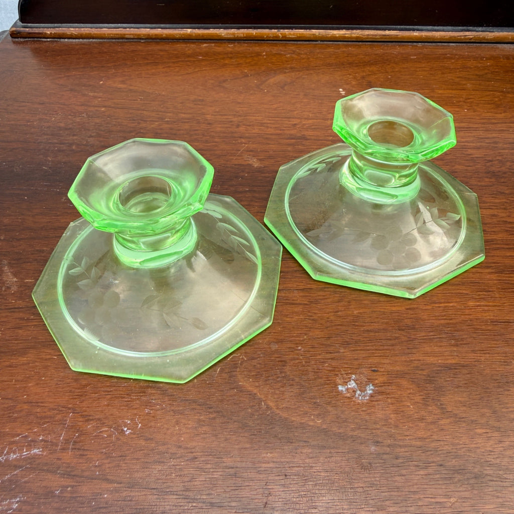 Vintage Uranium Glass Candlestick Holders Pair Etched Grape Pattern Depression Green