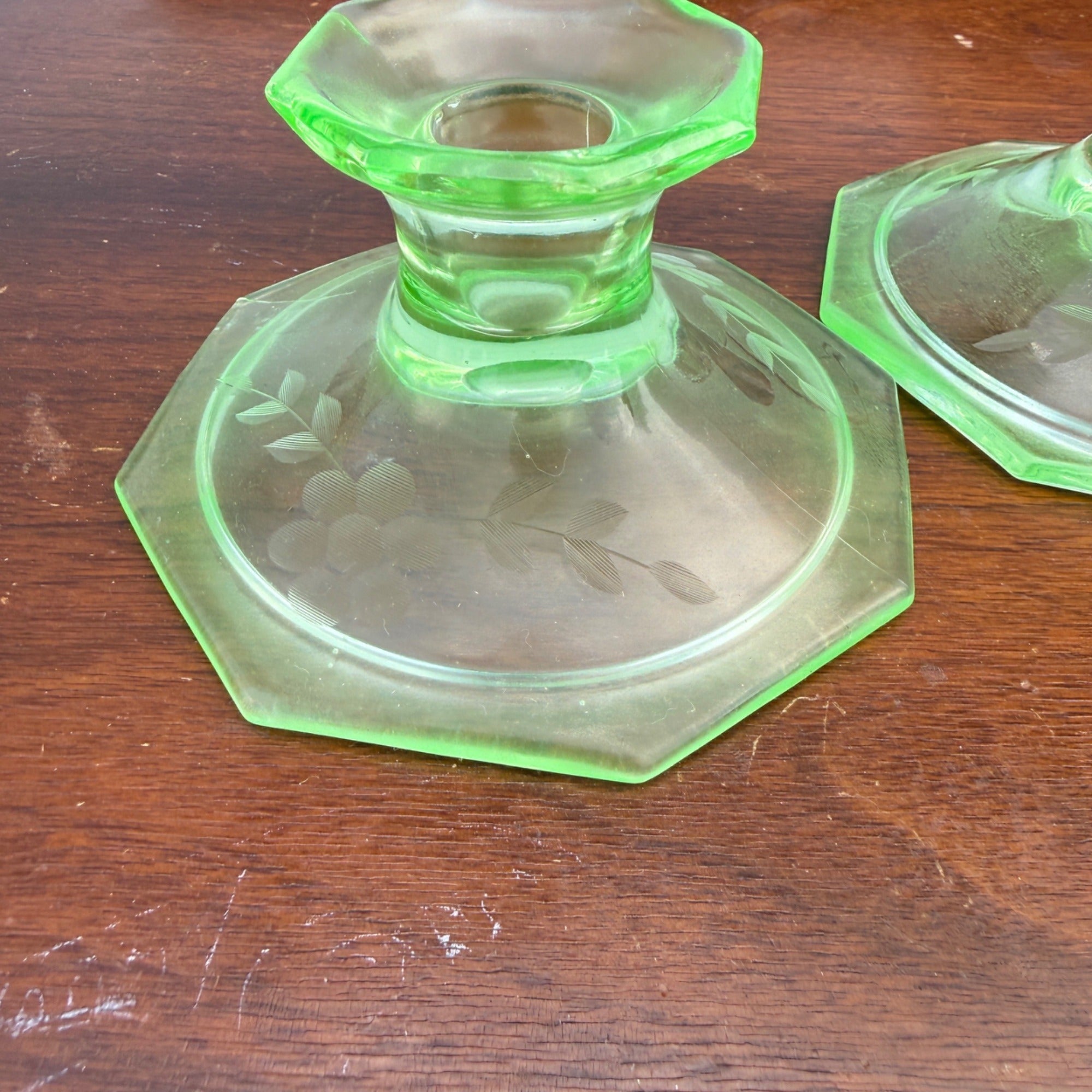 Vintage Uranium Glass Candlestick Holders Pair Etched Grape Pattern Depression Green