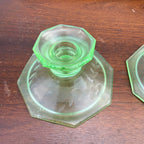 Vintage Uranium Glass Candlestick Holders Pair Etched Grape Pattern Depression Green