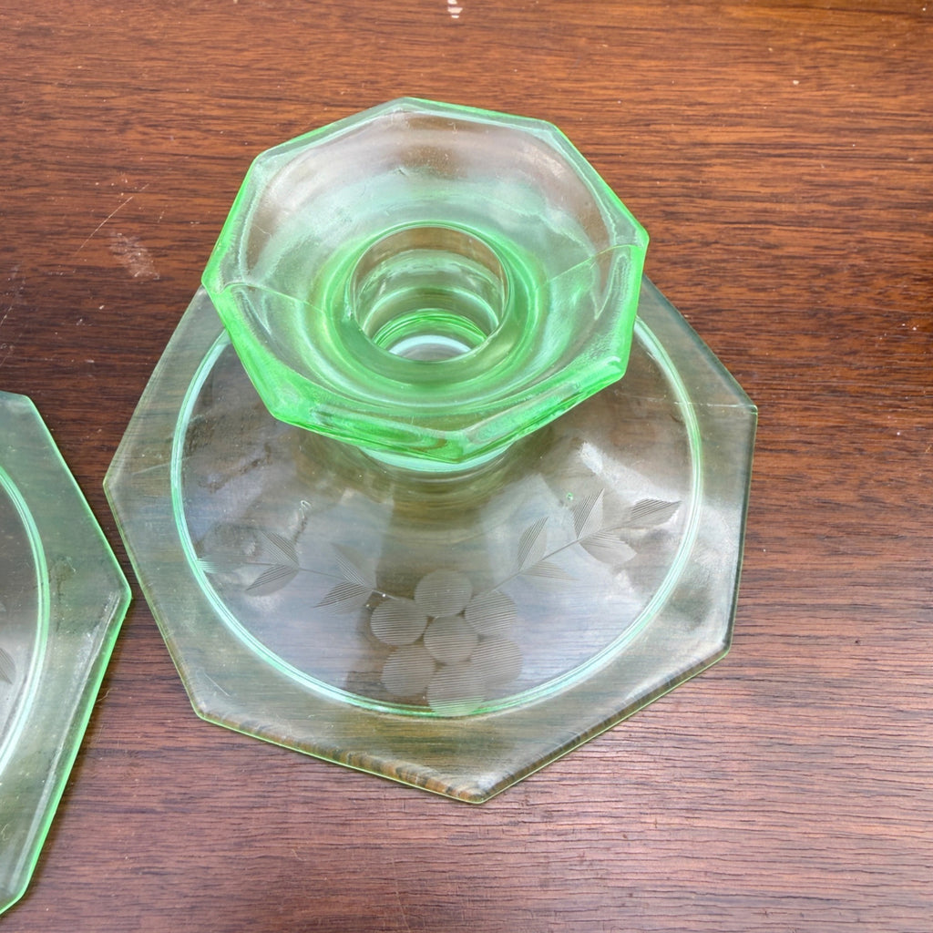 Vintage Uranium Glass Candlestick Holders Pair Etched Grape Pattern Depression Green