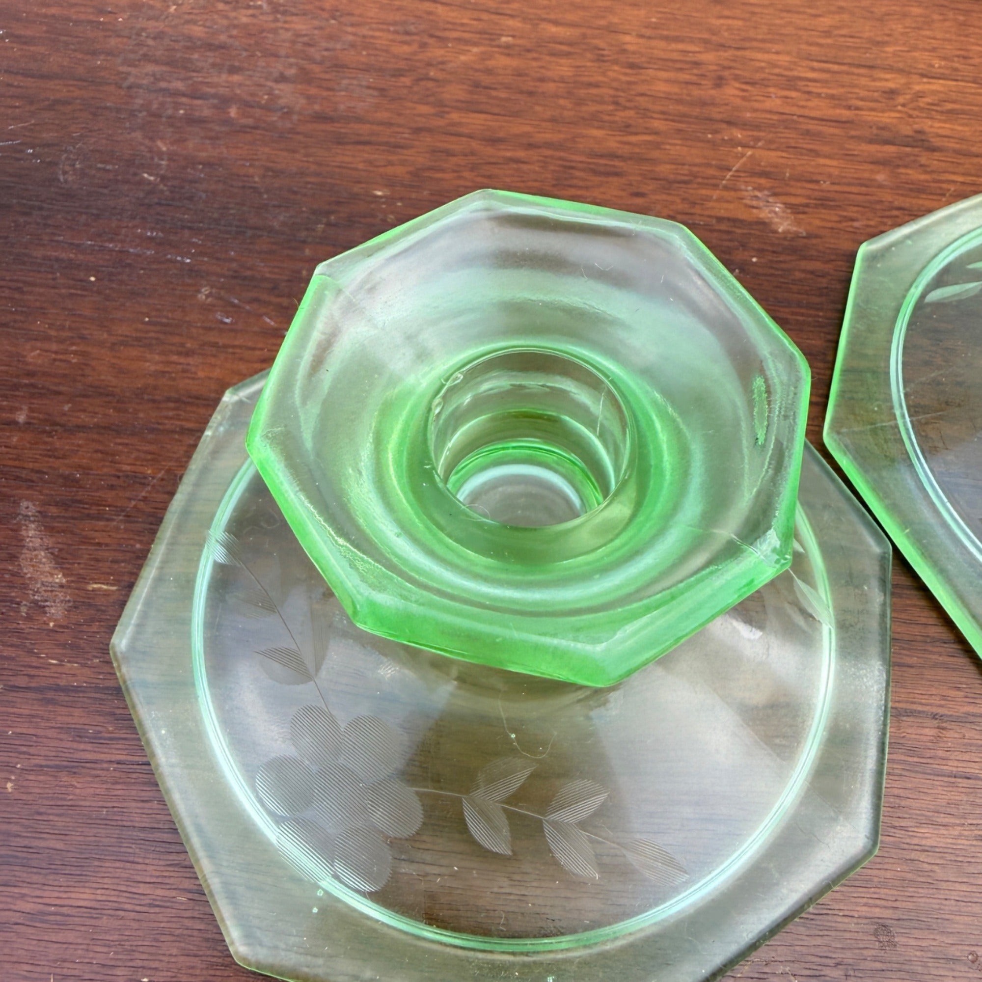 Vintage Uranium Glass Candlestick Holders Pair Etched Grape Pattern Depression Green