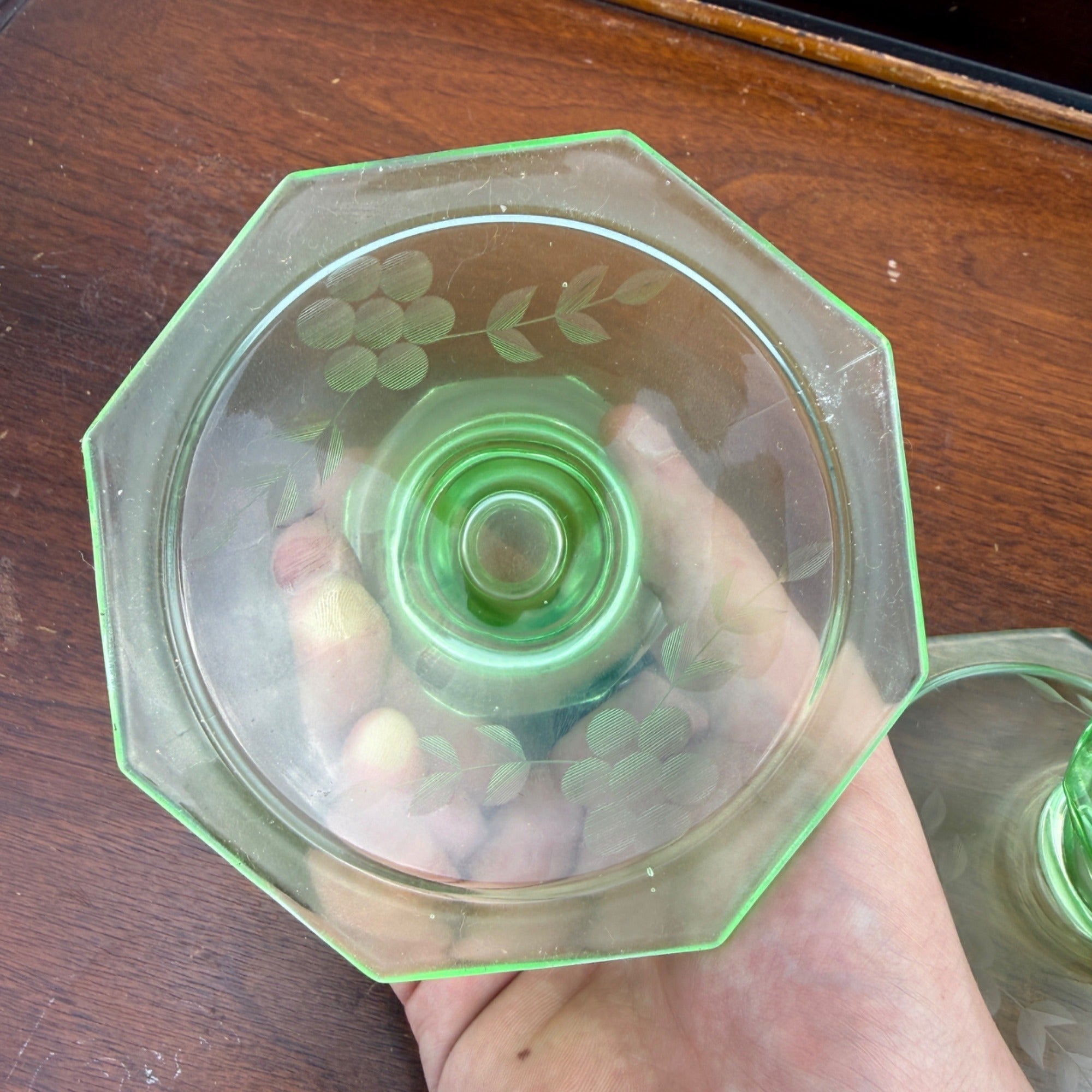 Vintage Uranium Glass Candlestick Holders Pair Etched Grape Pattern Depression Green