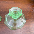 Vintage Uranium Glass Candlestick Holders Pair Etched Grape Pattern Depression Green