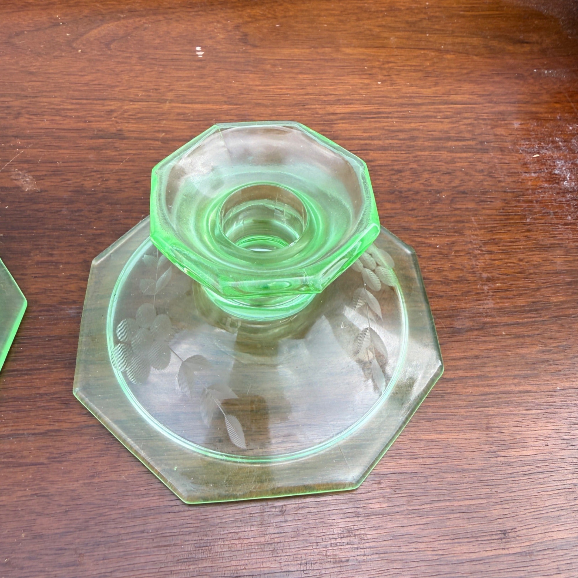 Vintage Uranium Glass Candlestick Holders Pair Etched Grape Pattern Depression Green