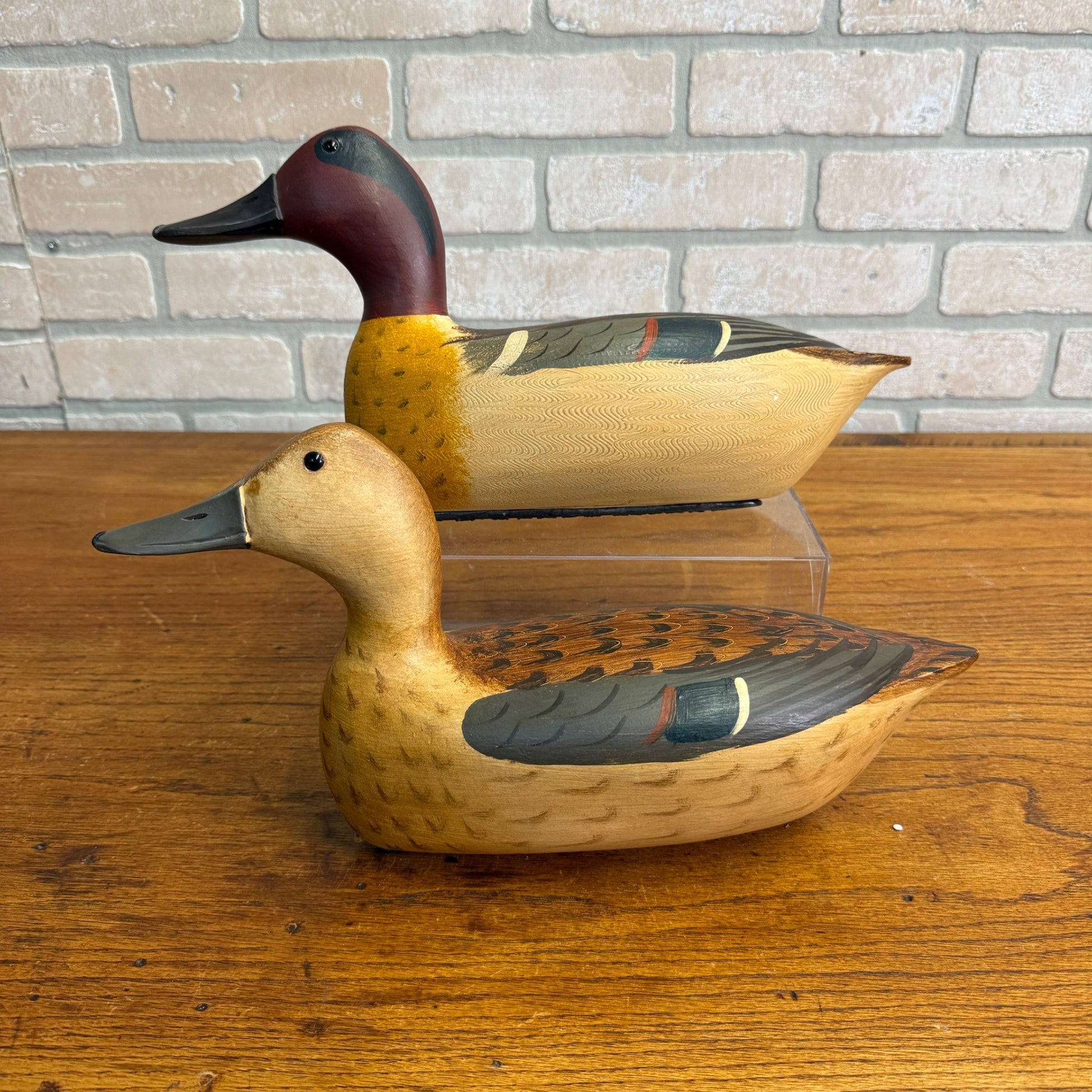 Vintage Jim Slack Signed  Pair Of Duck Green Wing Teal Decoys Wooden