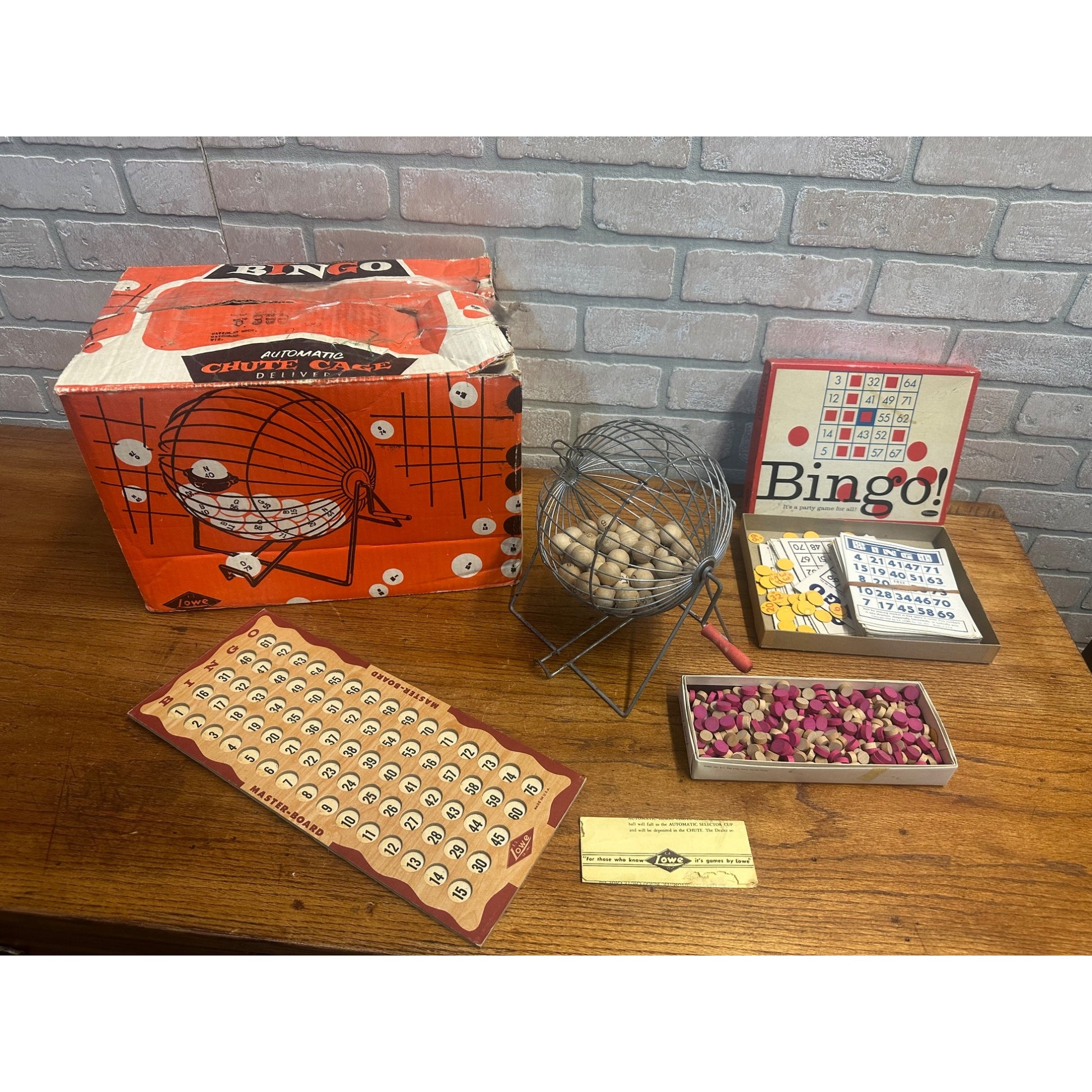 Lowe 1941 Bingo Party Set Cards, Master Board, Chute Cage, Balls, Box, Markers
