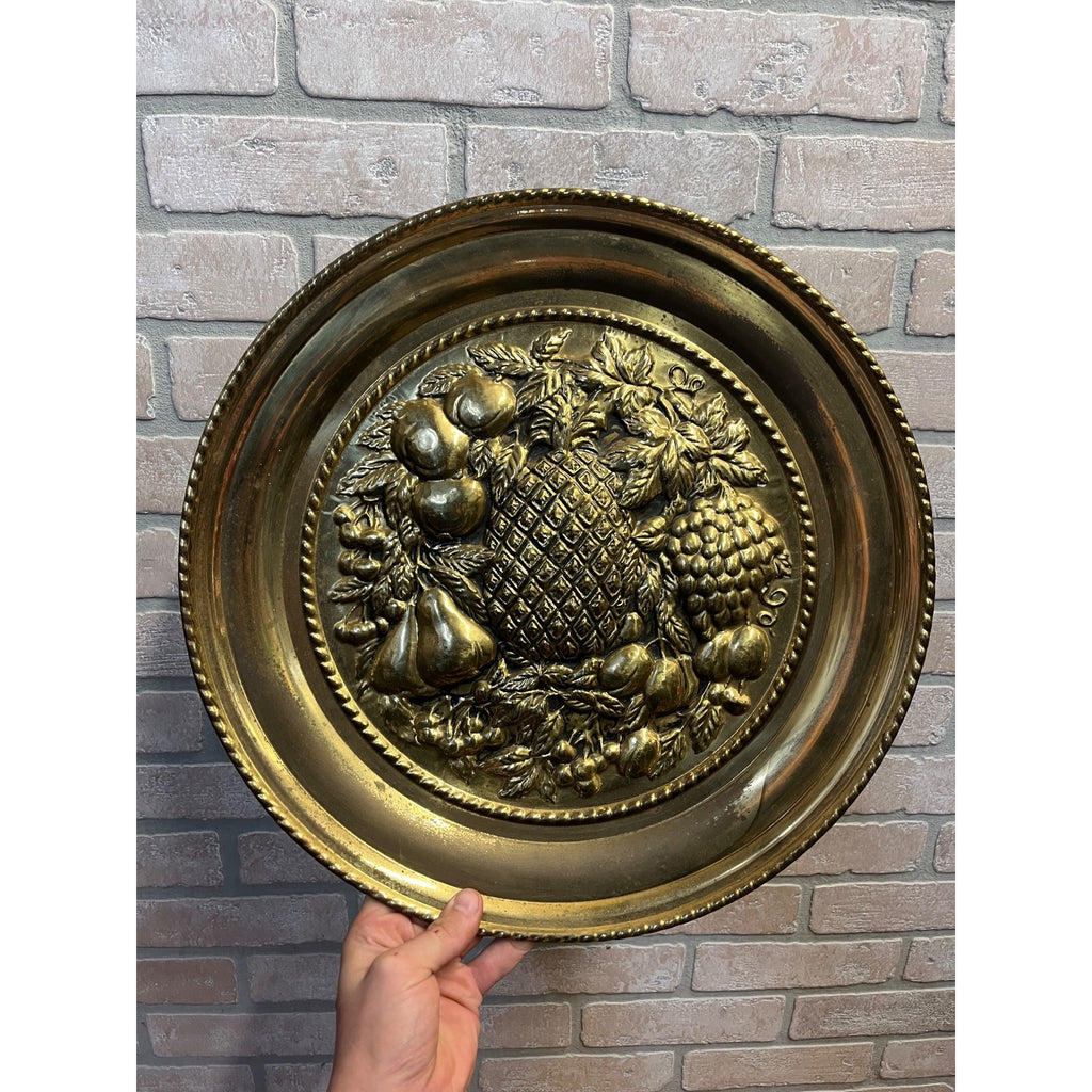 Vintage Embossed Brass Fruit Charger Tray Pineapple Grapes Wall Hanging 16.5"