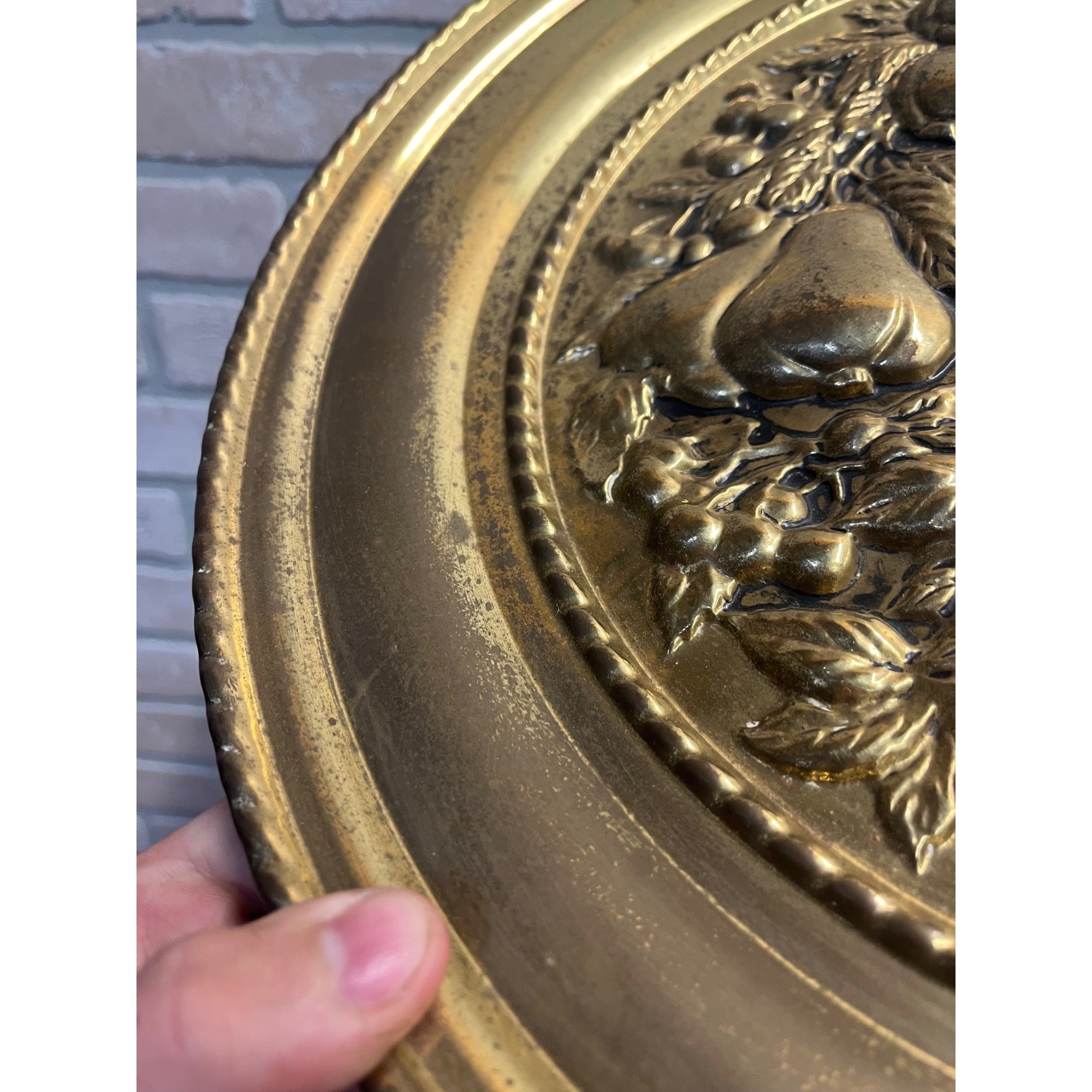 Vintage Embossed Brass Fruit Charger Tray Pineapple Grapes Wall Hanging 16.5"