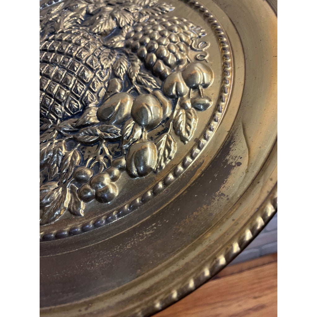 Vintage Embossed Brass Fruit Charger Tray Pineapple Grapes Wall Hanging 16.5"