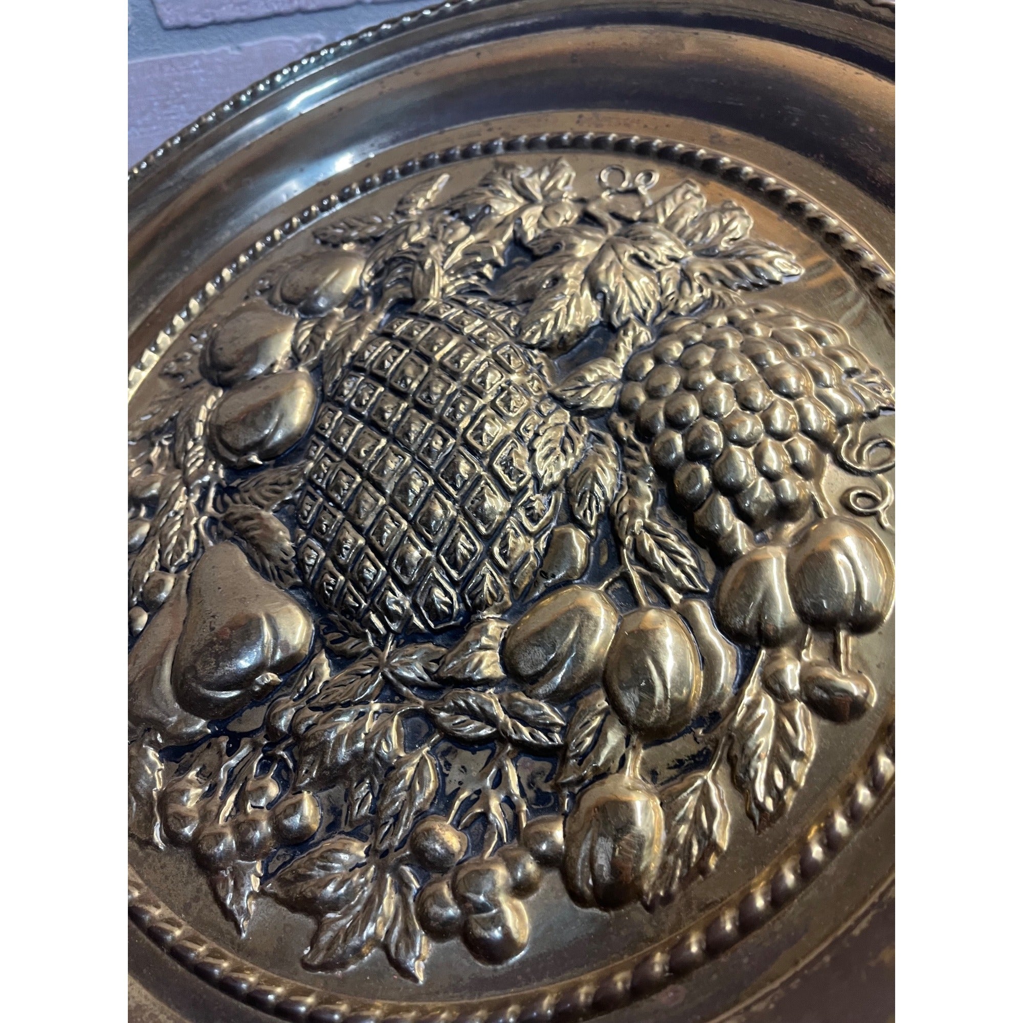 Vintage Embossed Brass Fruit Charger Tray Pineapple Grapes Wall Hanging 16.5"