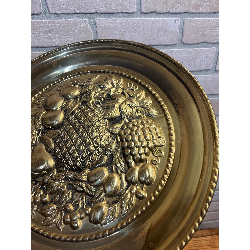 Vintage Embossed Brass Fruit Charger Tray Pineapple Grapes Wall Hanging 16.5"