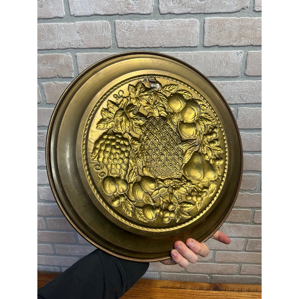 Vintage Embossed Brass Fruit Charger Tray Pineapple Grapes Wall Hanging 16.5"
