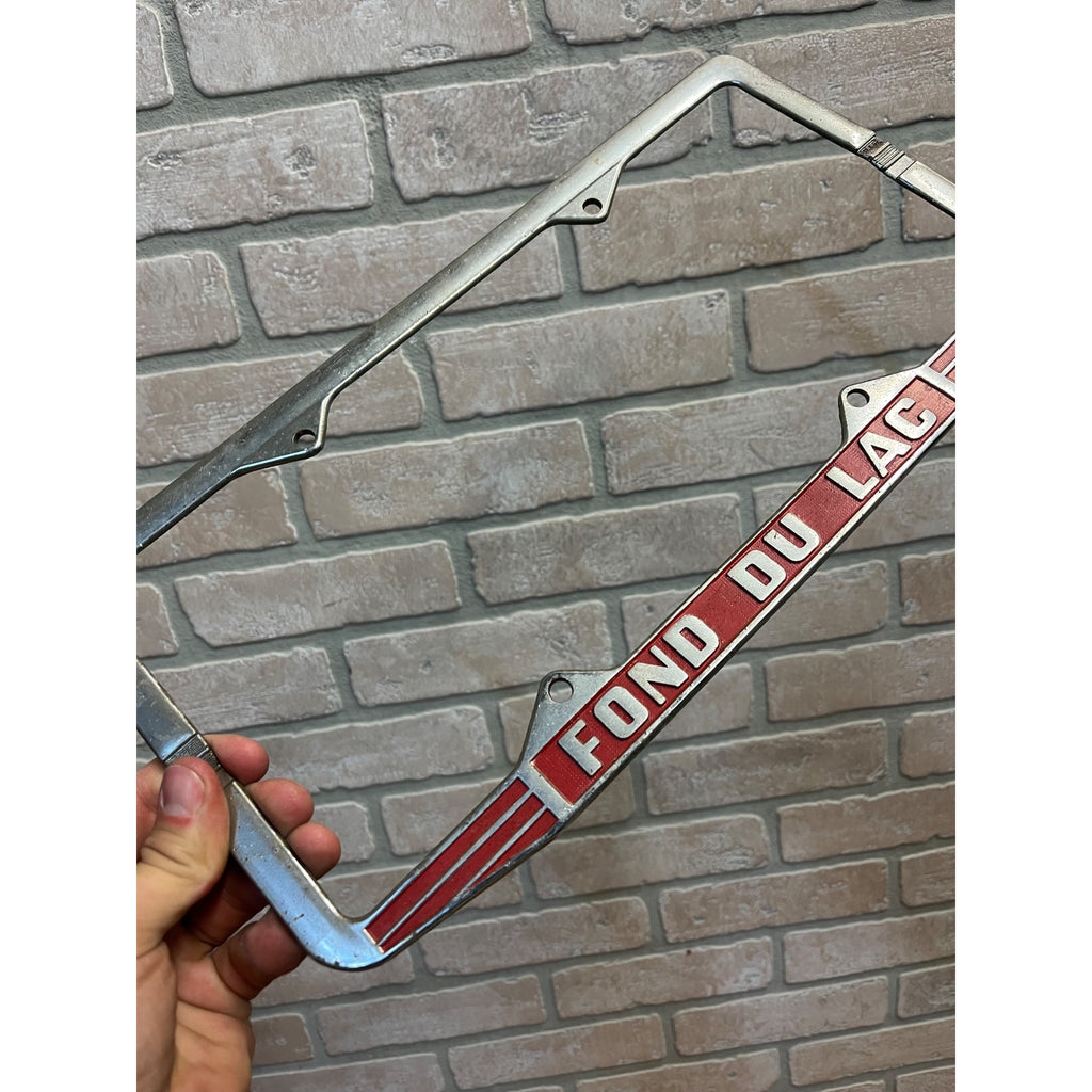 Vintage Fond du Lac Wisconsin Metal Booster License Plate Frame 1940s LARGE